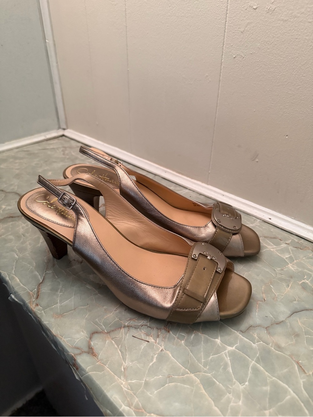 Cole Haan Metallic Gold Slingback Peep-Toe Heels with Buckle